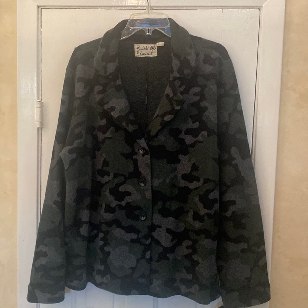 ANTHROPOLOGIE Field Flower XL camouflage camo sweater blazer knit jacket coat